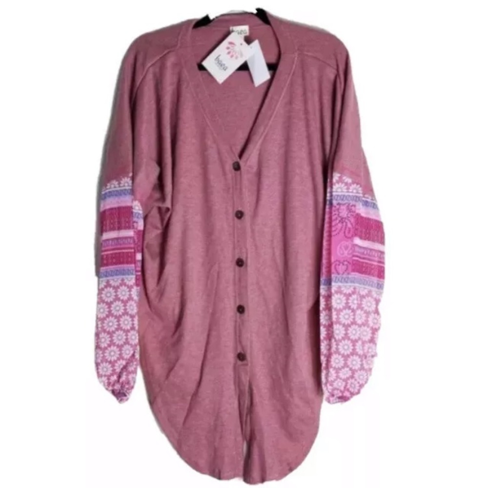 BAEA BOHO Cardigan Button/Tie Front Top Long Floral Sheer Long Sleeves Size 3X